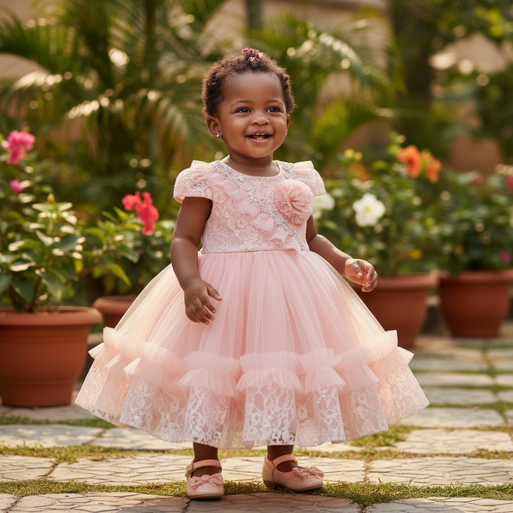 Young Nigerian toddler girl wearing peach rosette lace puff sleeve tulle party dress