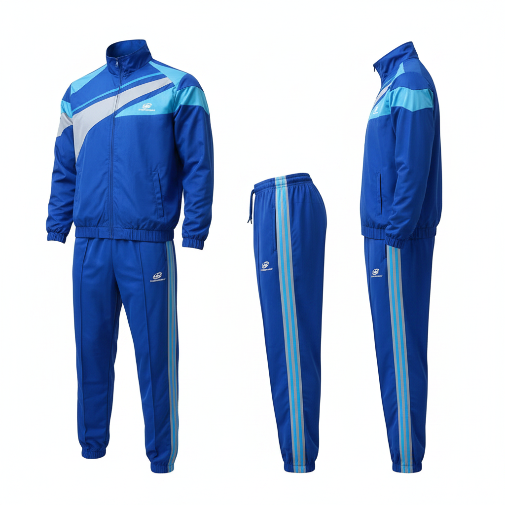 Men's royal blue colour-block tracksuit set ghost mannequin front and side view