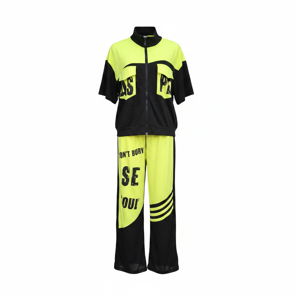 Neon Yellow Black Tracksuit Set - Ghost Mannequin Front View