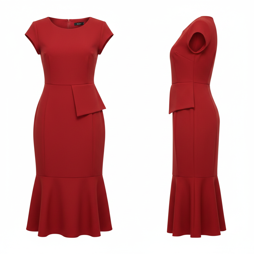 Women's Red Structured Pleated Waist Flared Midi Dress – Ghost Mannequin Front and Side View