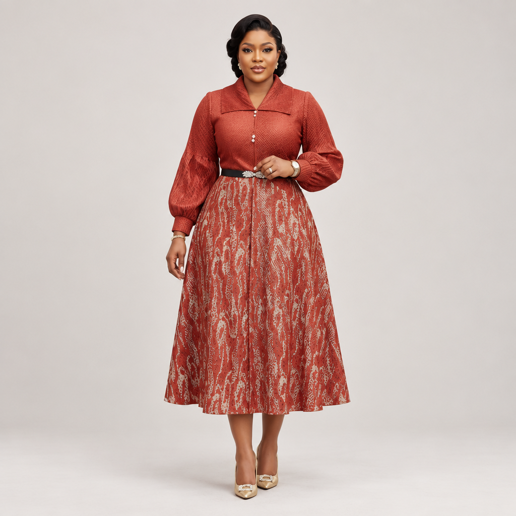 Black Nigerian model wearing a terracotta midi gown with a gold-toned patterned skirt and puff sleeves