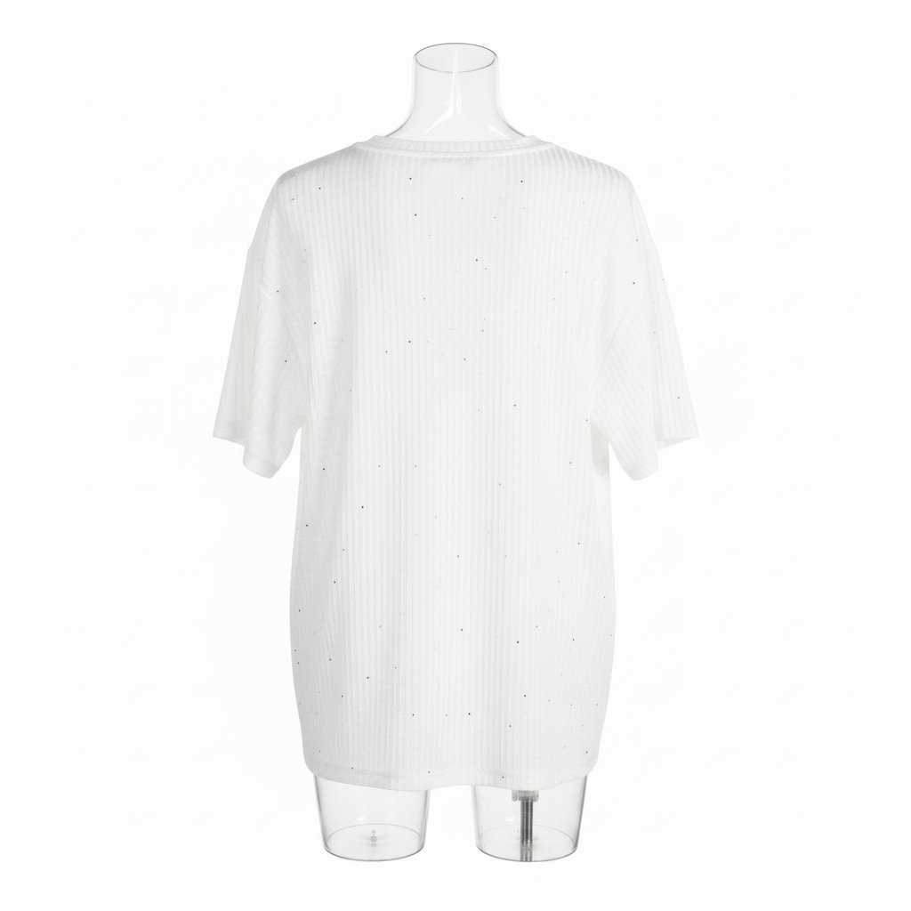 Ghost mannequin back view - white ribbed rhinestone arc graphic top