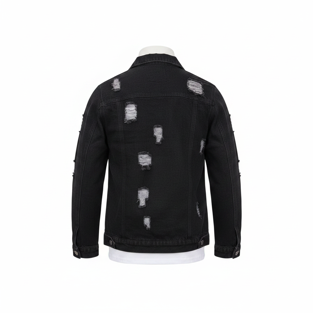 Black Ripped Denim Jacket – Back Ghost Mannequin