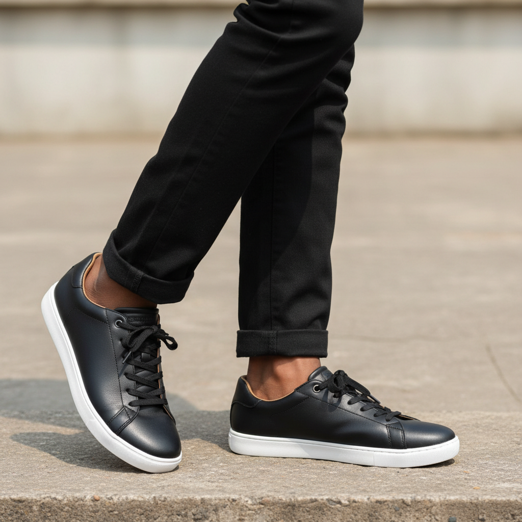 Men's Black Smooth Leather Low-Top Sneaker – Leg Focus Model Shot