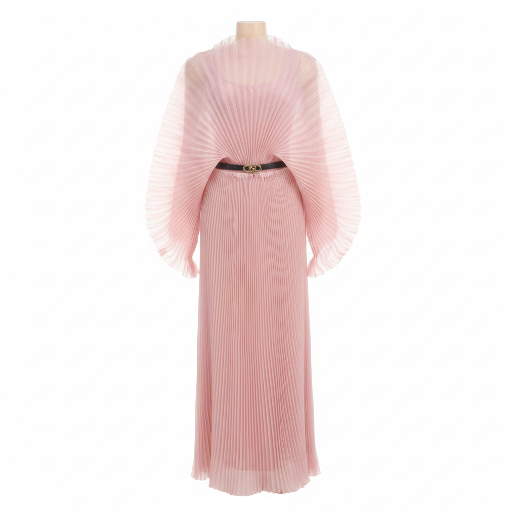 Pink Pleated Cape Sleeve Maxi Dress - Ghost Mannequin Front View