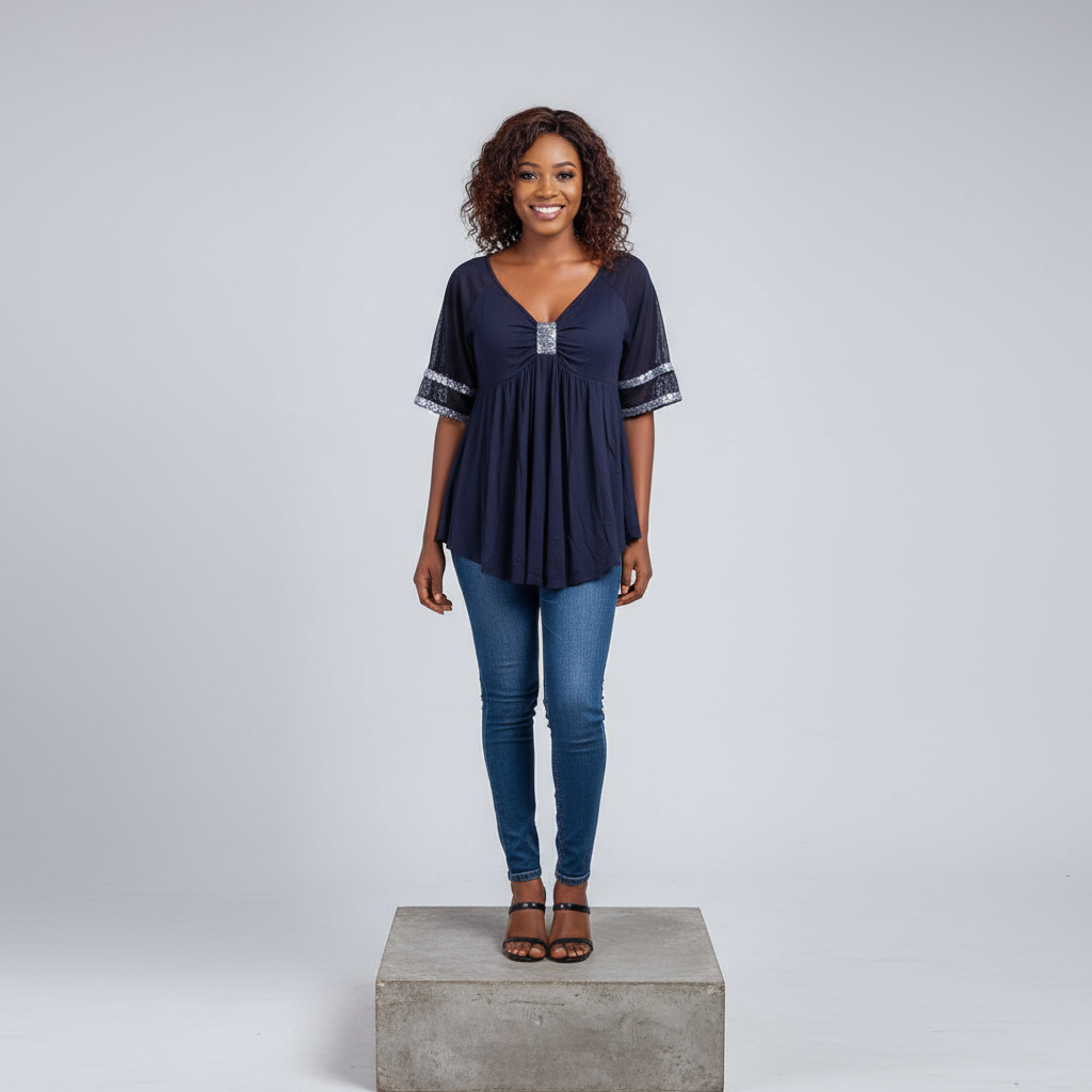 Nigerian female model wearing Navy Blue Sequin Trim Babydoll Top - front view