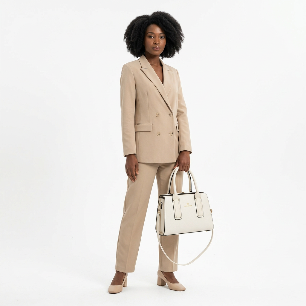 Woman in beige tailoring carrying one ivory-white twin-handle handbag
