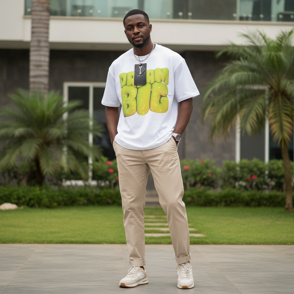 Unisex White Dream Big Graphic Oversized Tee - Nigerian Male Model
