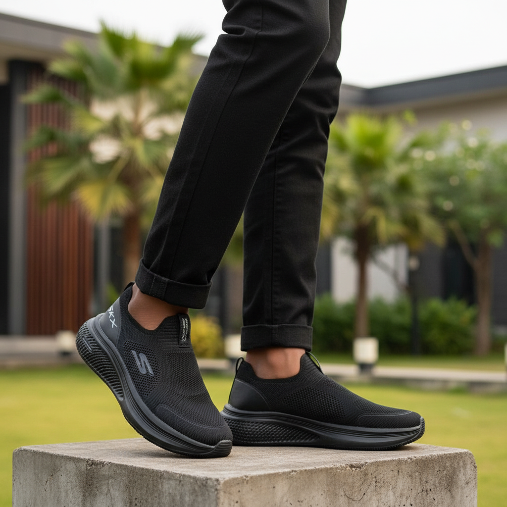 Nigerian male model leg focus wearing all-black chunky knit slip-on sneakers
