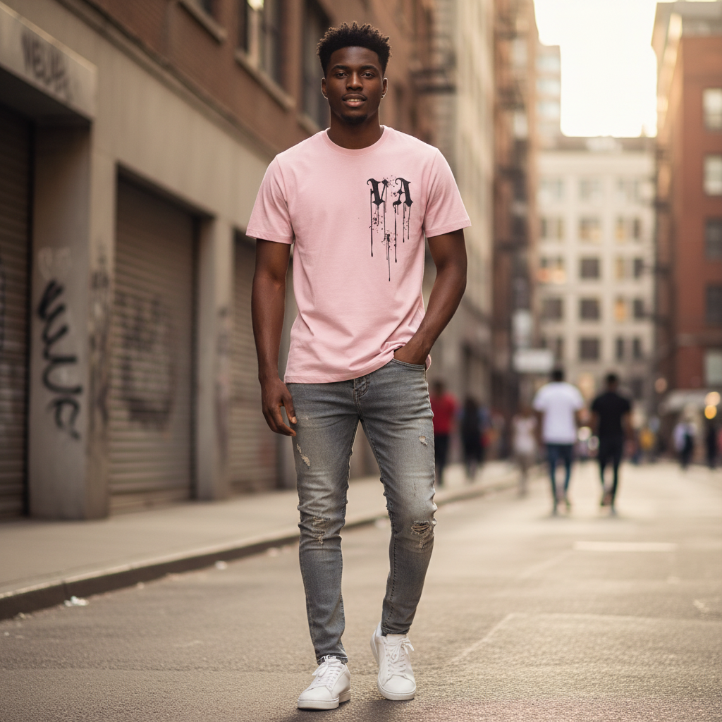 Young Nigerian male model wearing pink gothic drip graphic tee