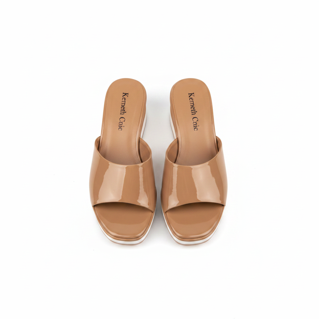 Women's tan brown patent leather flat mule slide — ghost mannequin pair view