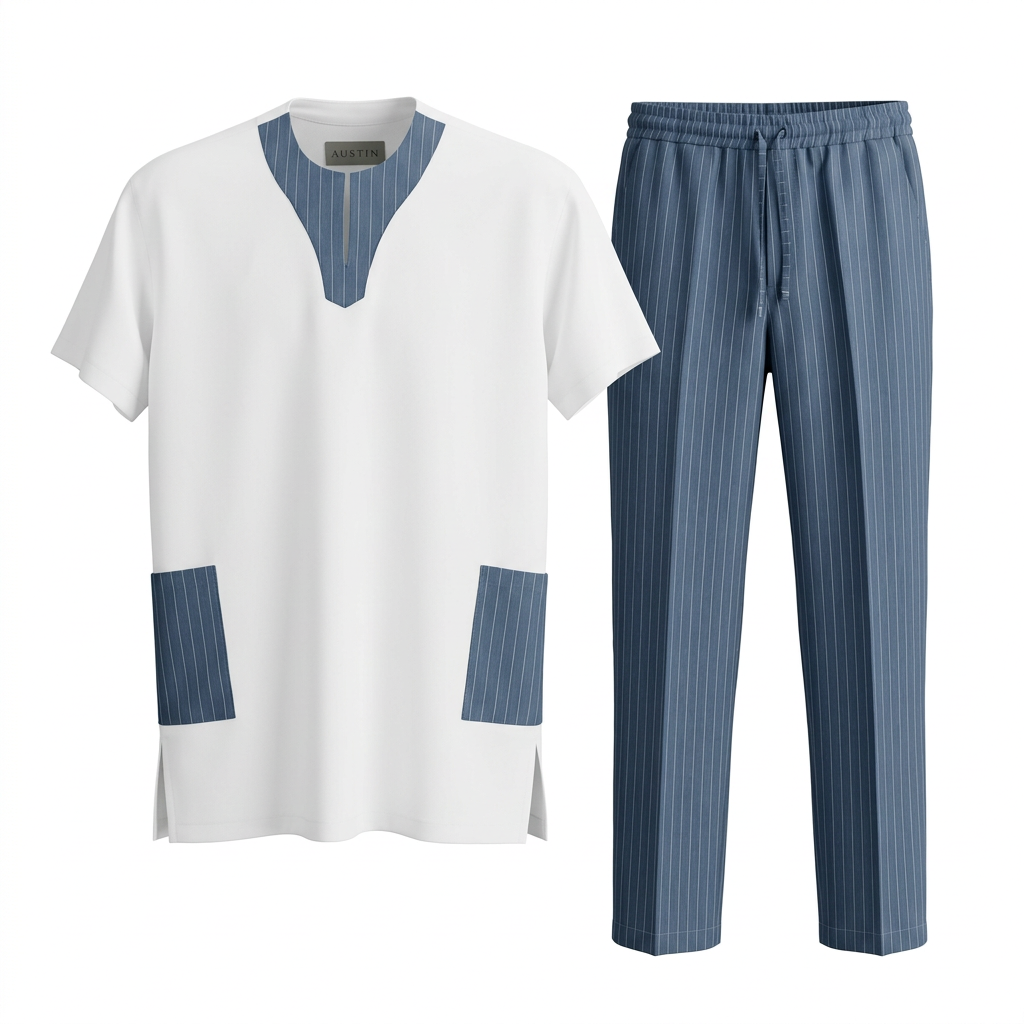 White contrast-panel top and blue pinstripe trousers on white background