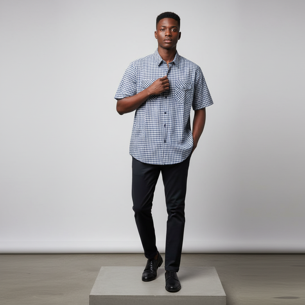 Nigerian male model wearing navy blue gingham short-sleeved shirt