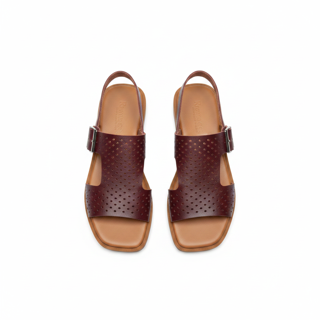 Ghost mannequin pair view of wine burgundy leather perforated buckle flat slingback sandals