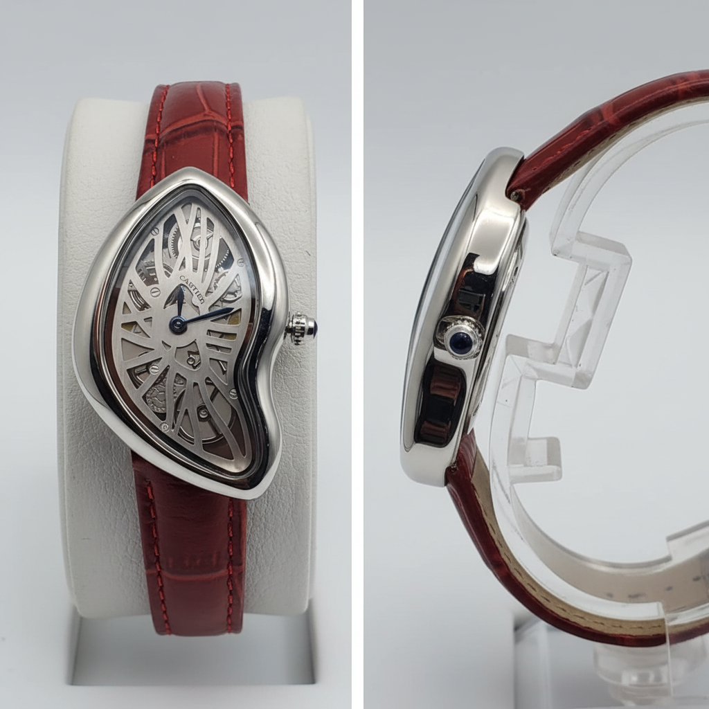 Asymmetric silver skeleton dial watch with red strap front and side view