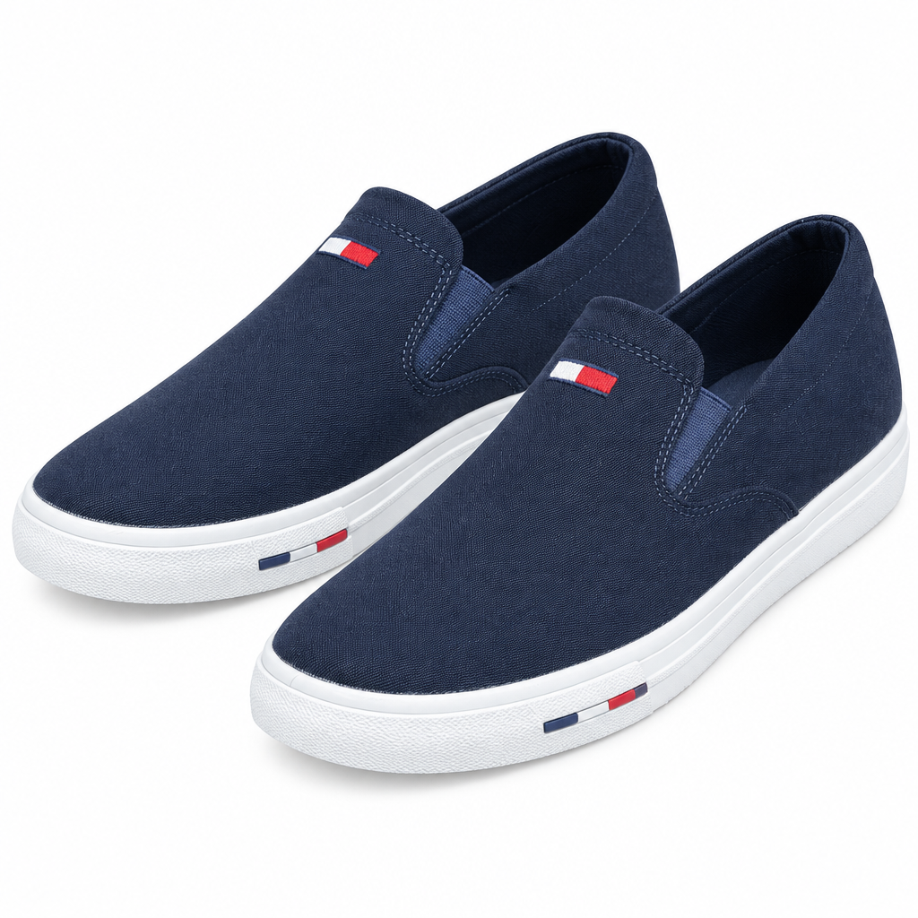 Pair of navy textured slip-on sneakers with white soles