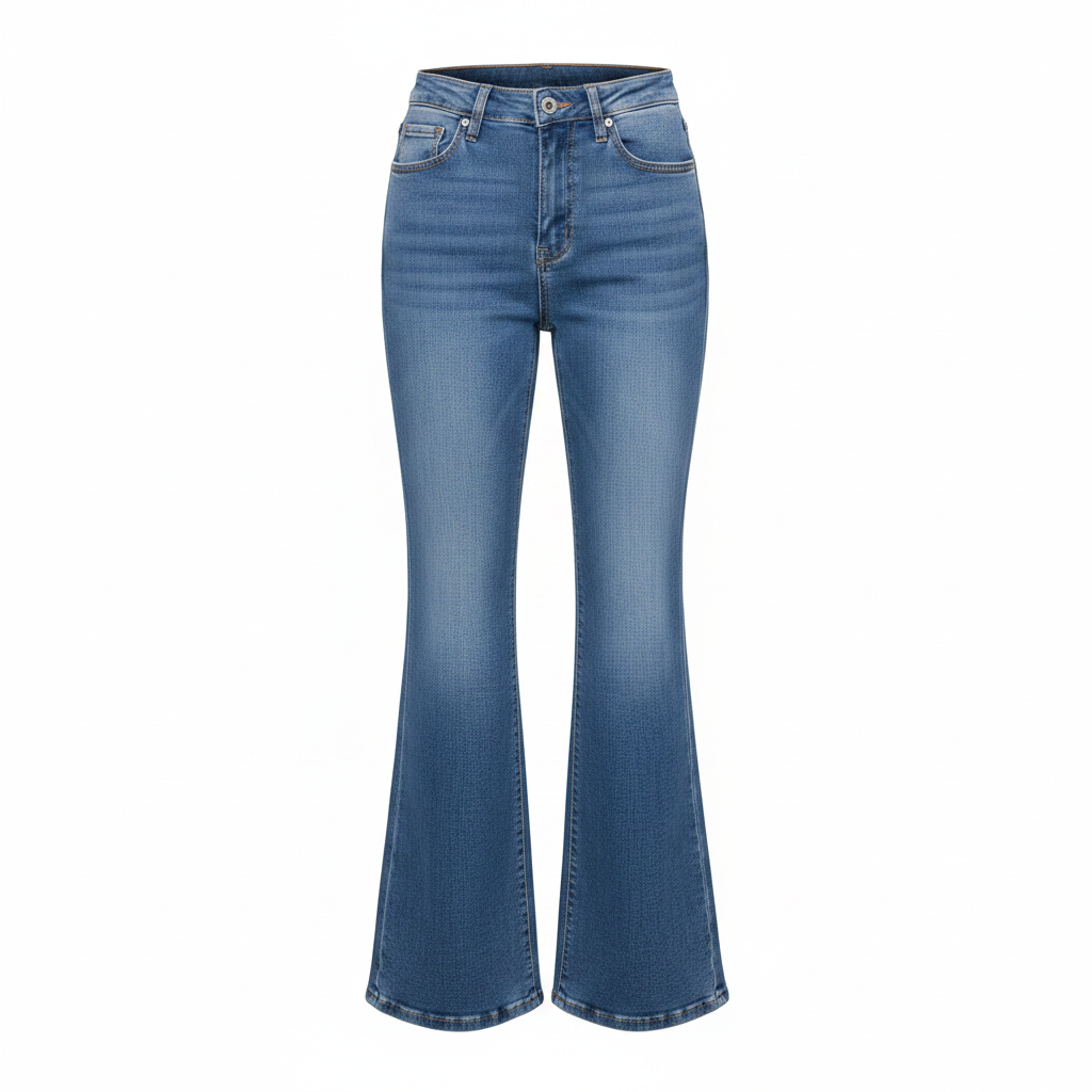Women's medium blue high-waist wide-leg flare denim jeans on ghost mannequin, white background