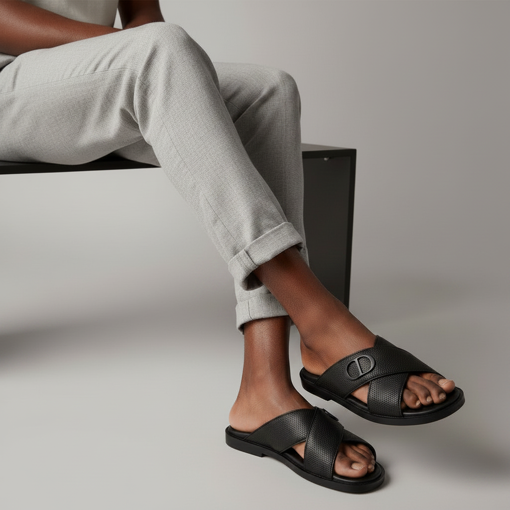 Nigerian male model wearing black pebbled leather cross-strap slides