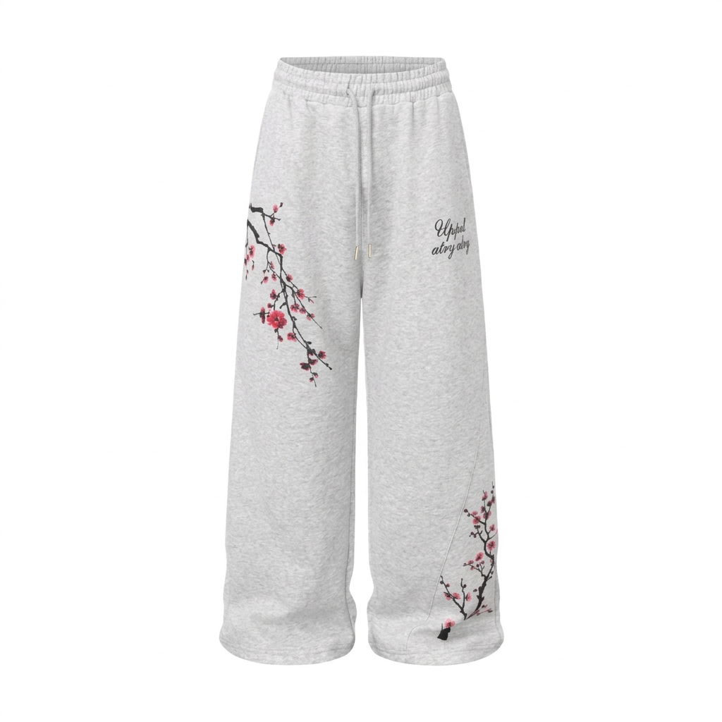 Light-grey wide-leg drawstring trousers with pink blossom and dark branch detailing