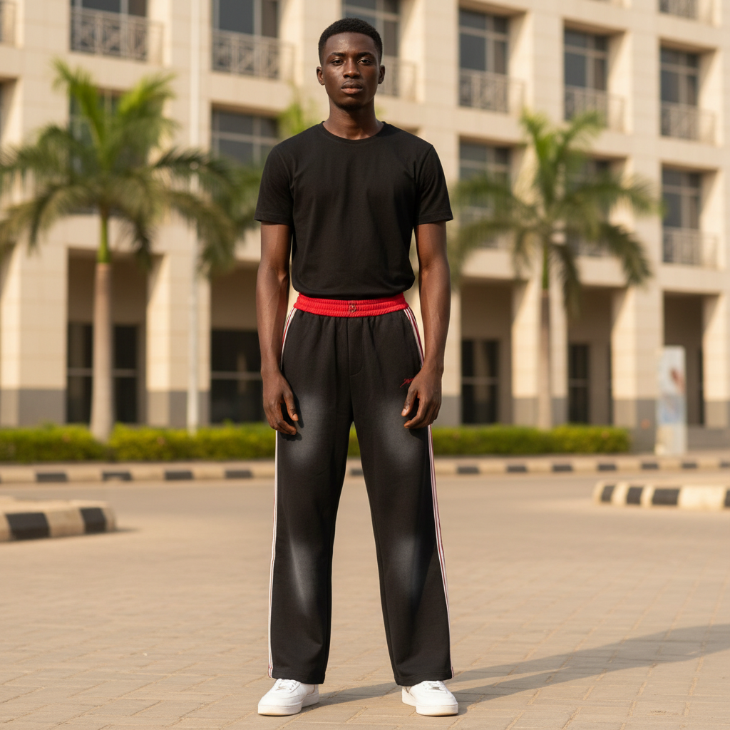Model wearing black red white stripe track pants