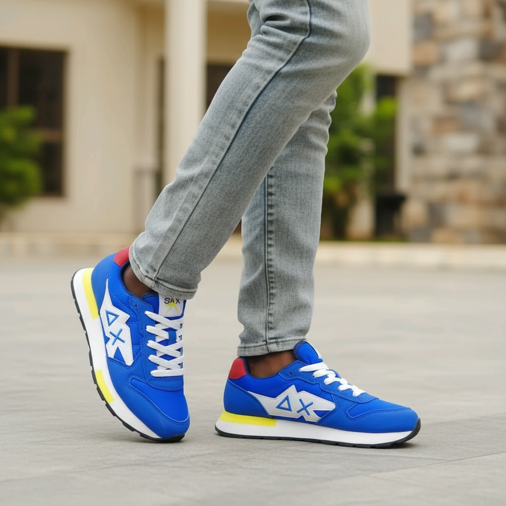 Unisex Blue Lace-Up Sneakers with Yellow Sole Accent – Model Leg Shot