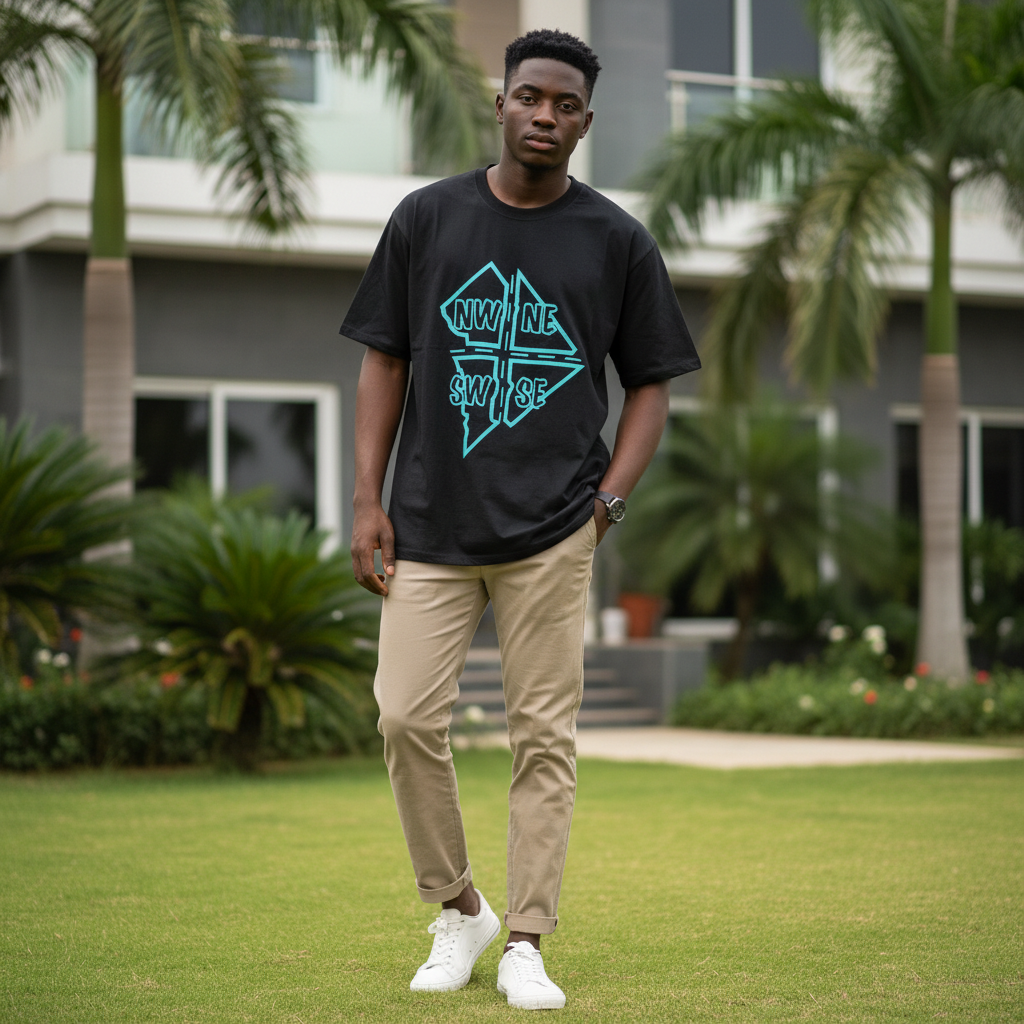 Nigerian male model wearing black oversized aqua compass graphic tee in streetwear style