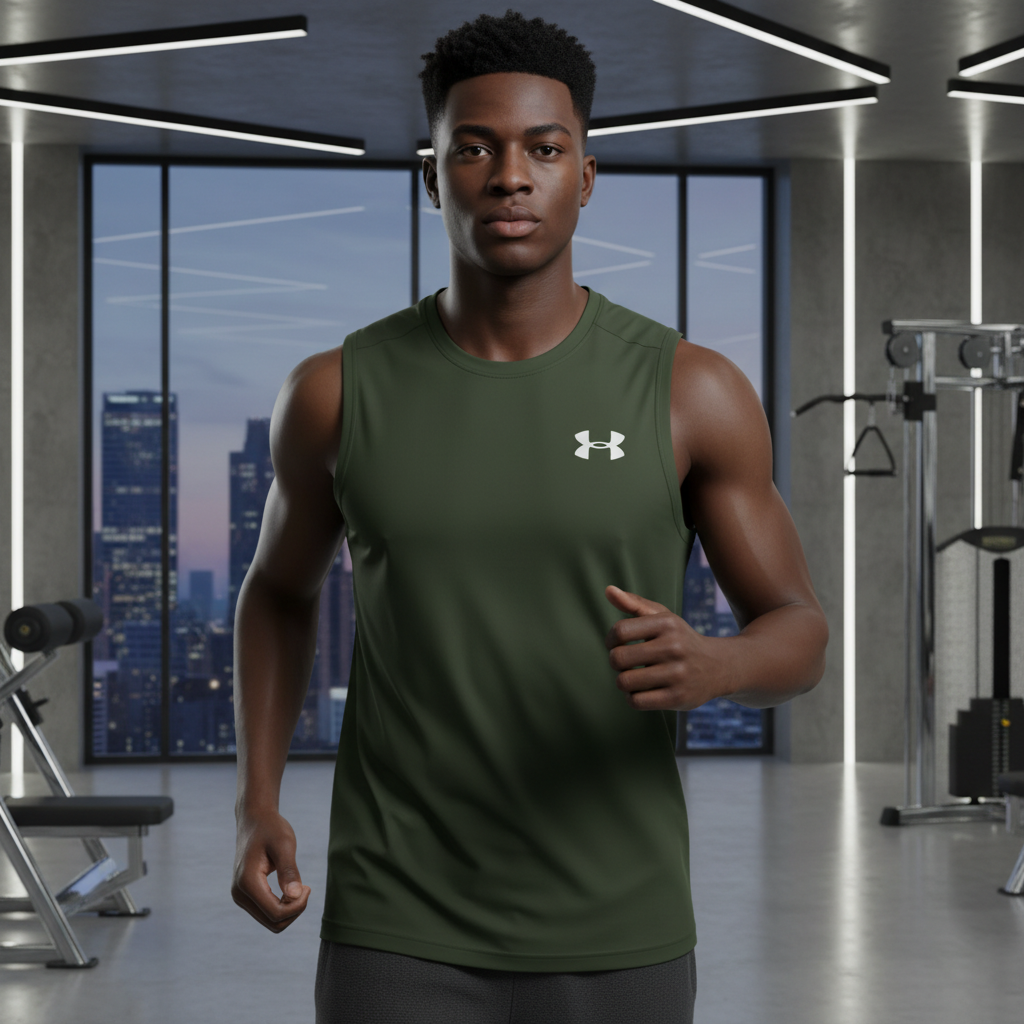 Under Armour army green sleeveless sport vest on male model