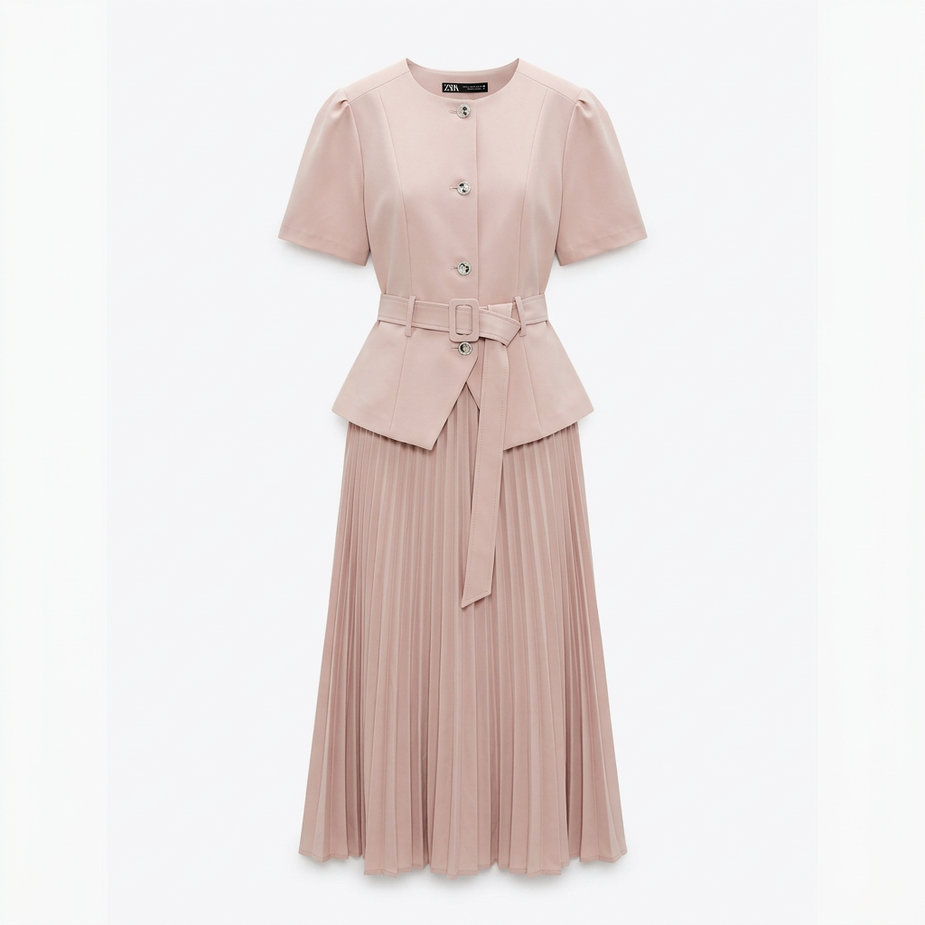 Blush-pink belted peplum top and pleated skirt set, product view