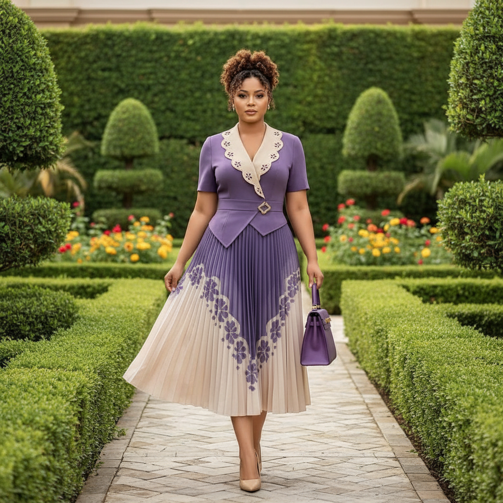 Nigerian female model wearing lavender purple and cream floral pleated midi gown in garden setting