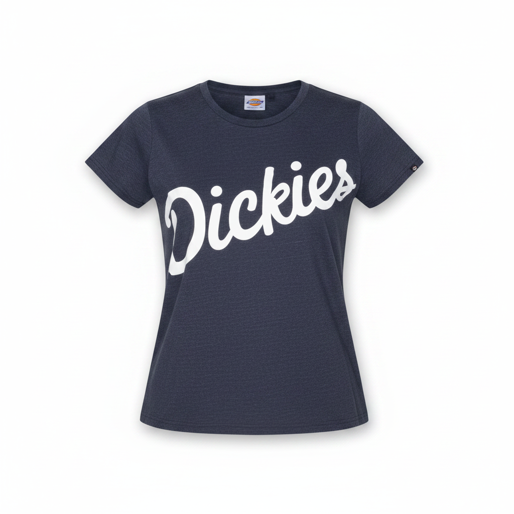 Women's navy blue large cursive script graphic crew neck tee - ghost mannequin front view