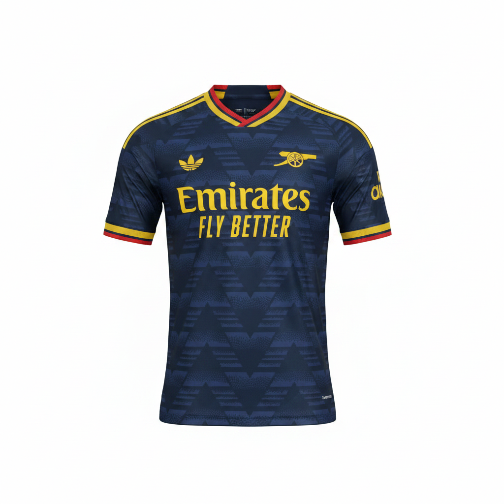 Navy blue diamond pattern football jersey ghost mannequin front view - yellow V-neck trim, cannon badge, yellow chest print