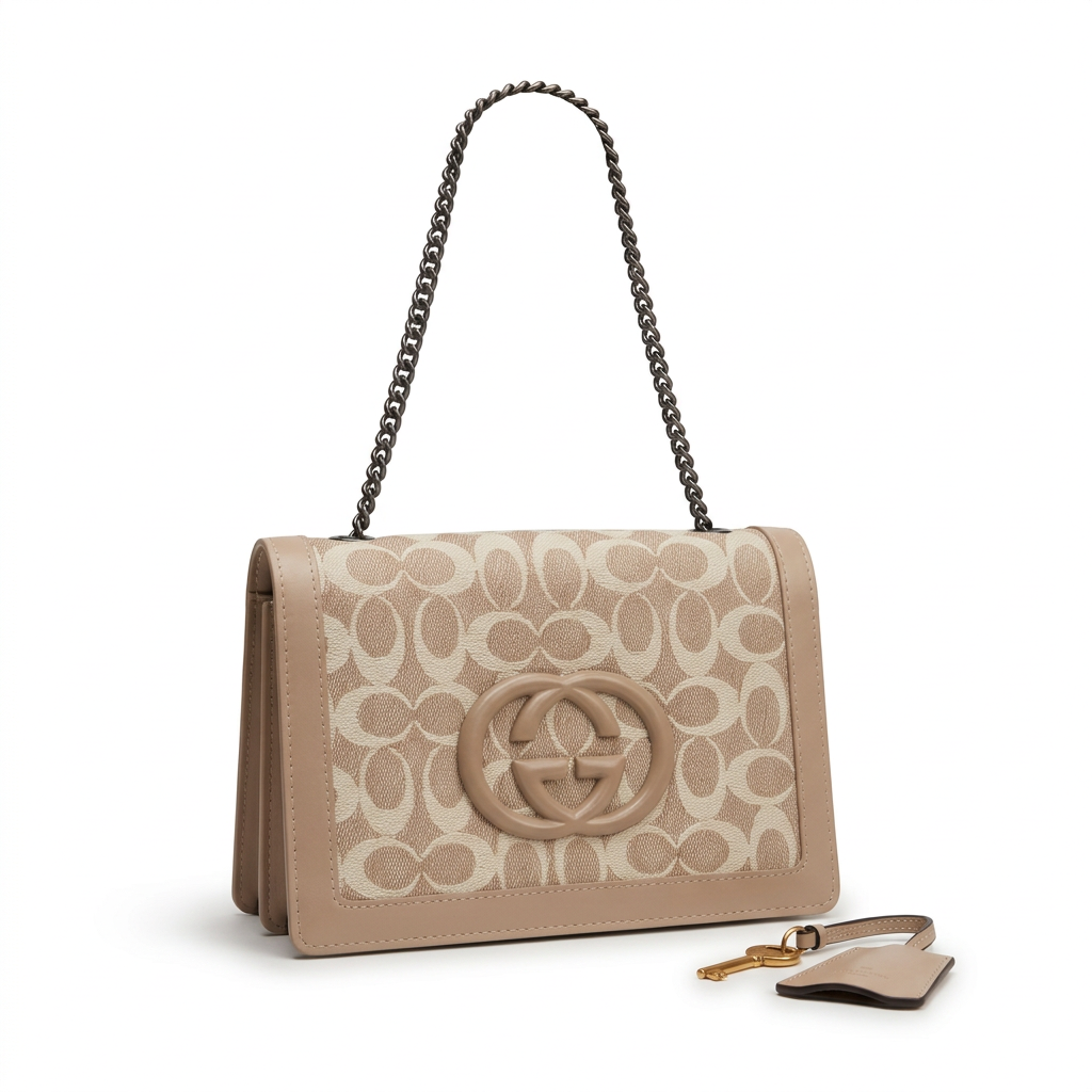 Single front view of taupe and cream patterned chain bag on white
