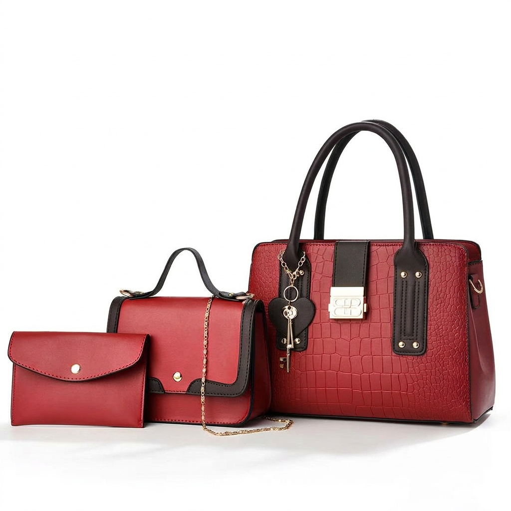 Wine-red three-piece handbag set with black trim, embossed tote, flap bag and pouch on white