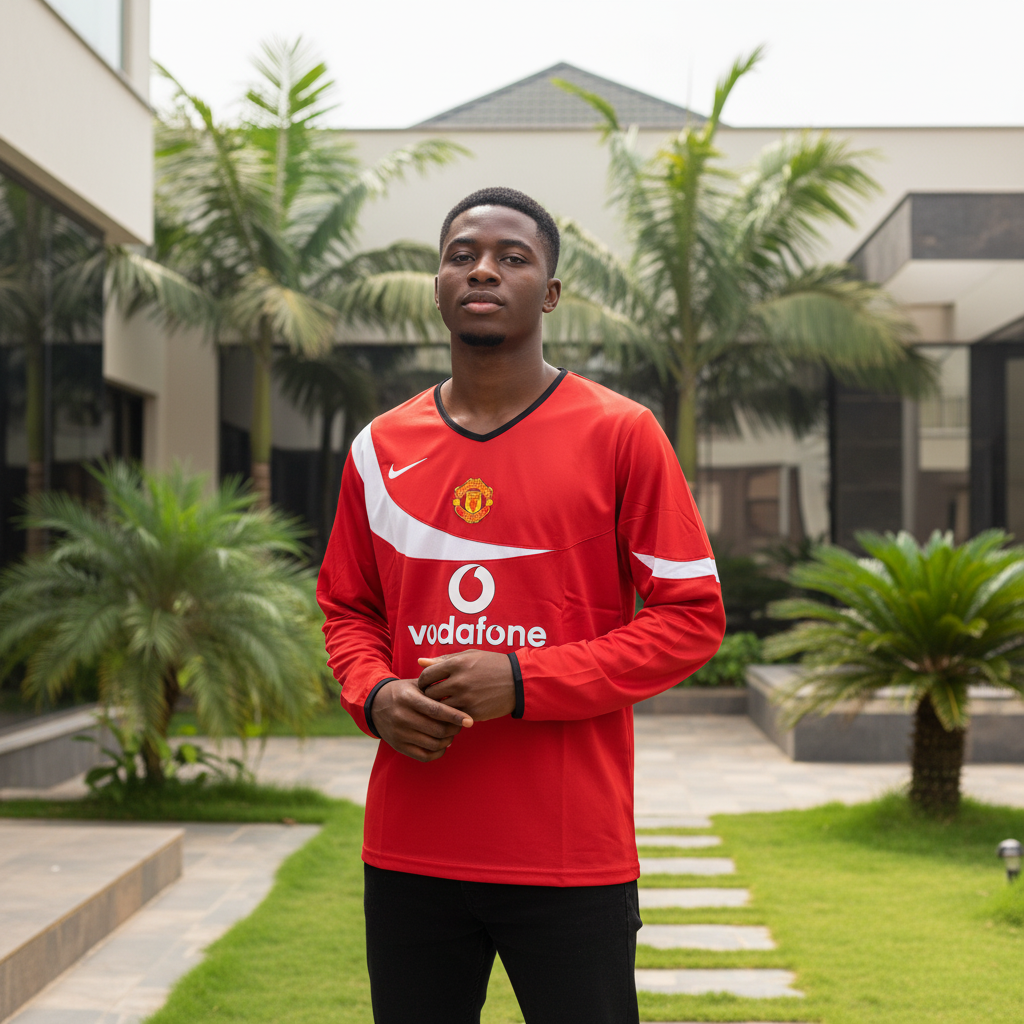 Red long-sleeve retro football jersey with white curved chest panel — Nigerian male model front view