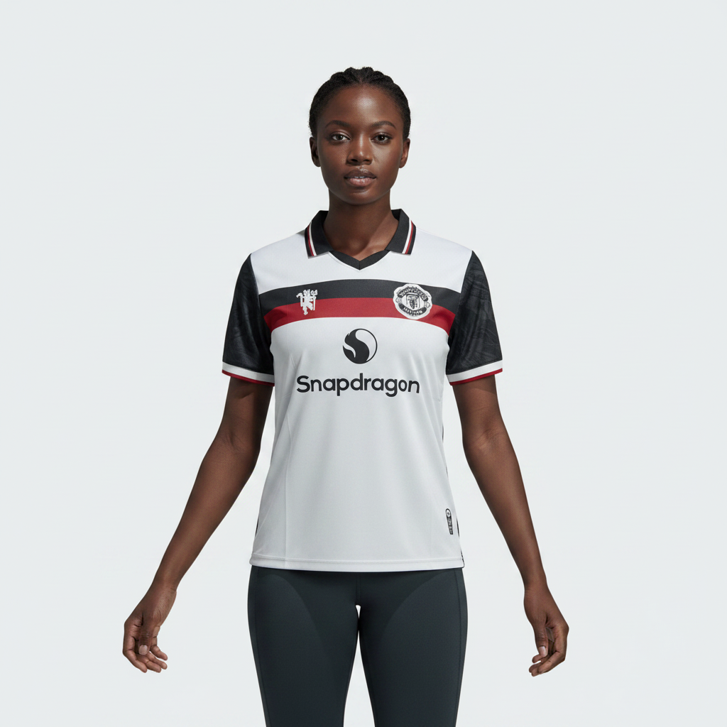 Nigerian female model wearing Manchester United away jersey