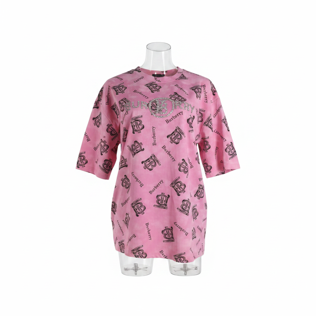 Pink Monogram Print Rhinestone Longline Top - Ghost Mannequin Front View