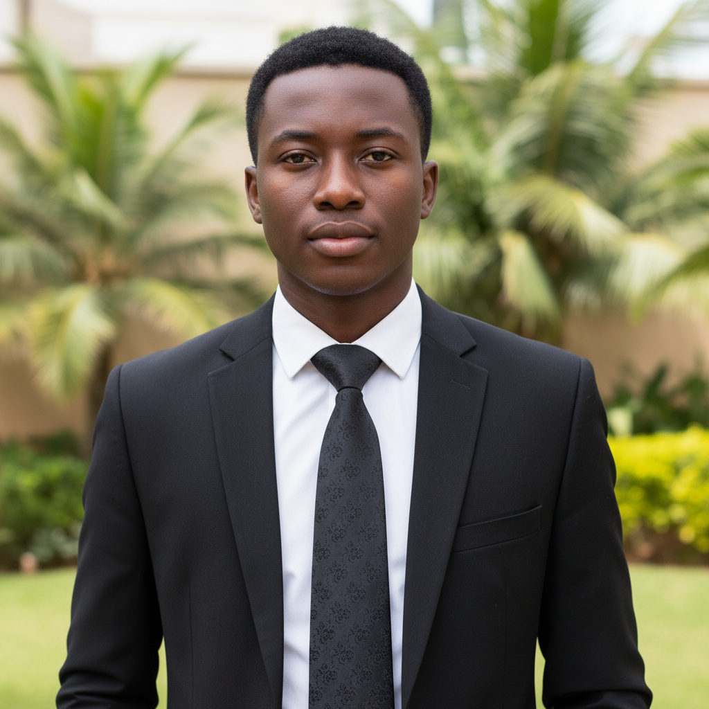 Nigerian male model wearing black tonal floral paisley jacquard woven necktie with white shirt and black suit