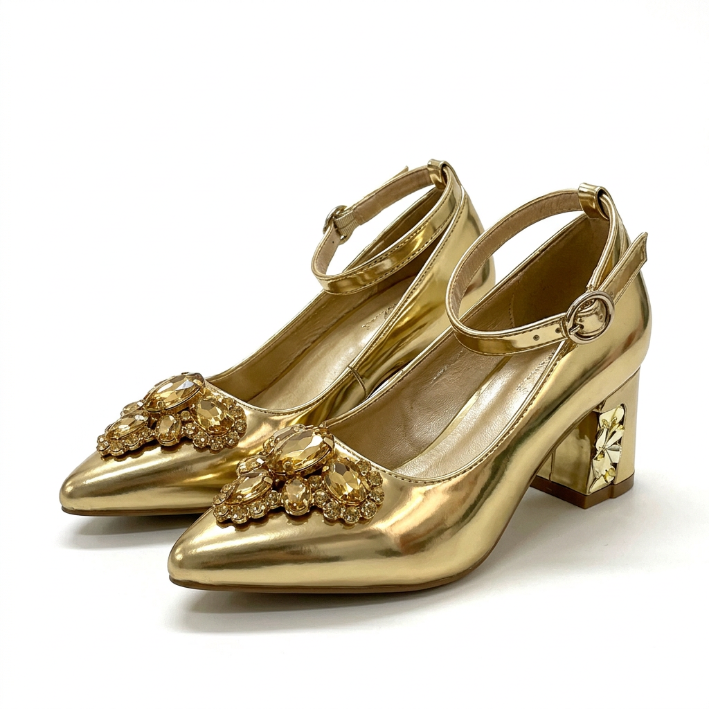 Matching gold jewel-cluster ankle-strap block heels together