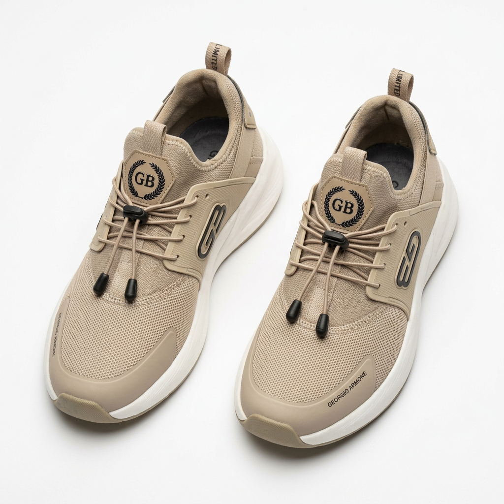 AI-generated beige toggle-lace sneaker pair catalog preview