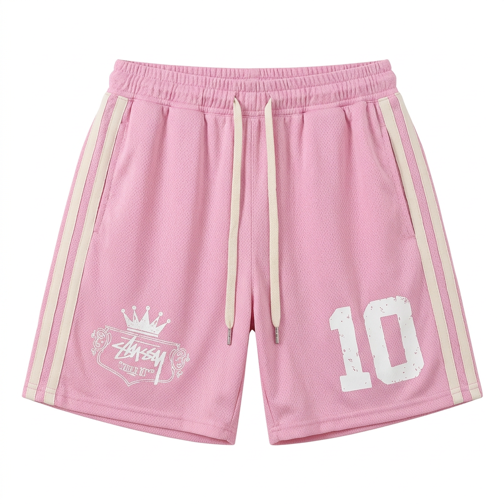 Pink drawstring shorts with twin light side stripes and white number and crowned crest graphics