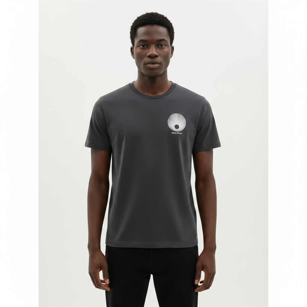 Young Nigerian male wearing dark charcoal orb logo minimal crew neck tee