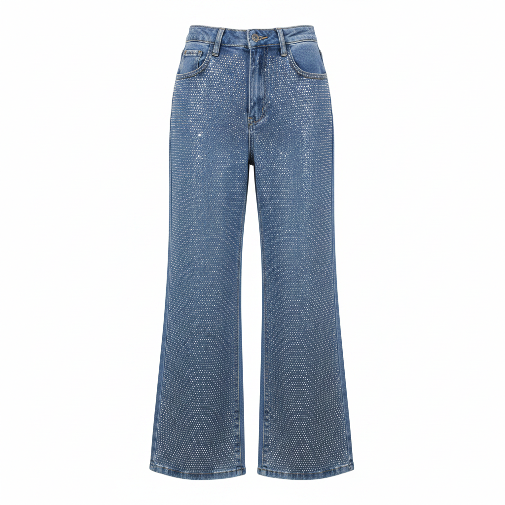 Blue Rhinestone Wide-Leg Trousers - Ghost Mannequin Front