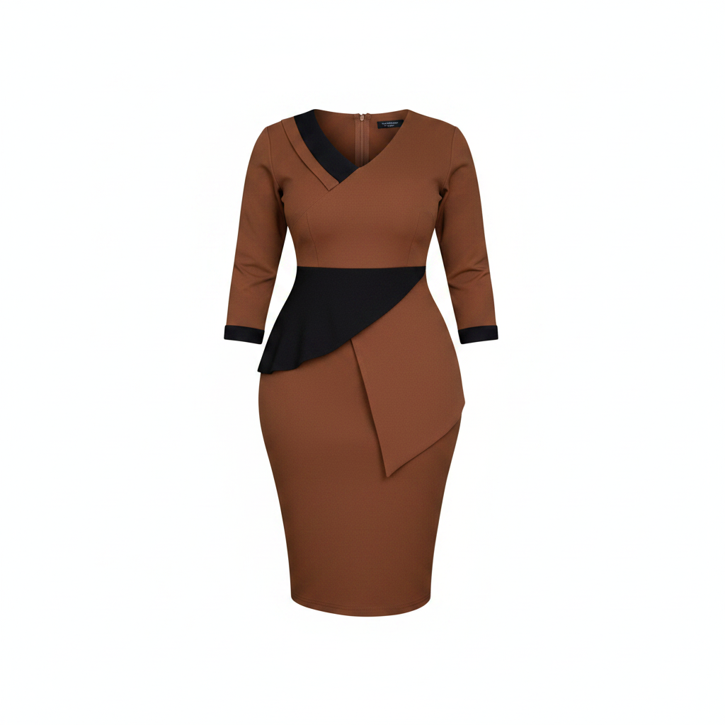Women's Brown & Black Colour-Block Bodycon Midi Dress – Ghost Mannequin Front View