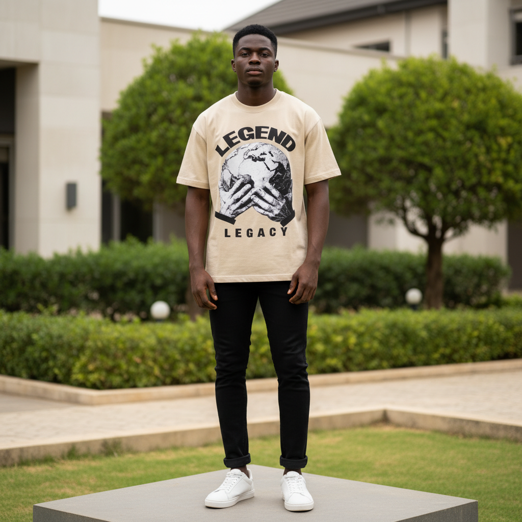 Nigerian male model wearing men's cream globe graphic short-sleeve tee full body streetwear editorial shot