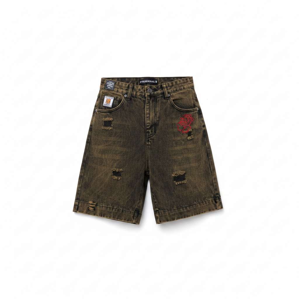 Men's Vintage Olive Brown Red Embroidery Distressed Denim Shorts – Ghost Mannequin Front View