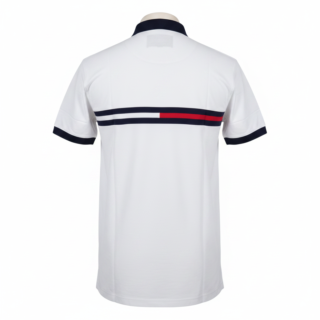 Ghost mannequin back view of white navy-trim chest stripe polo shirt