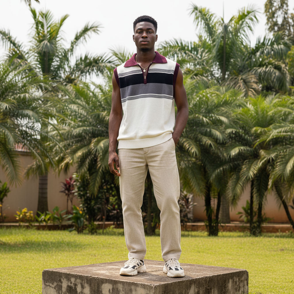 Nigerian male model wearing color-block quarter-zip sweater vest — full body street style