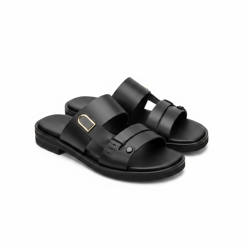 Black leather double-strap gold hardware slide sandal ghost mannequin product shot, plain white background