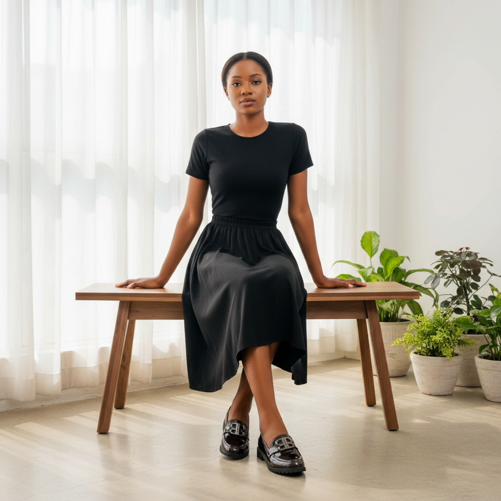 Nigerian female model seated in black midi skirt wearing dark grey patent leather loafers with silver double-B buckle bar