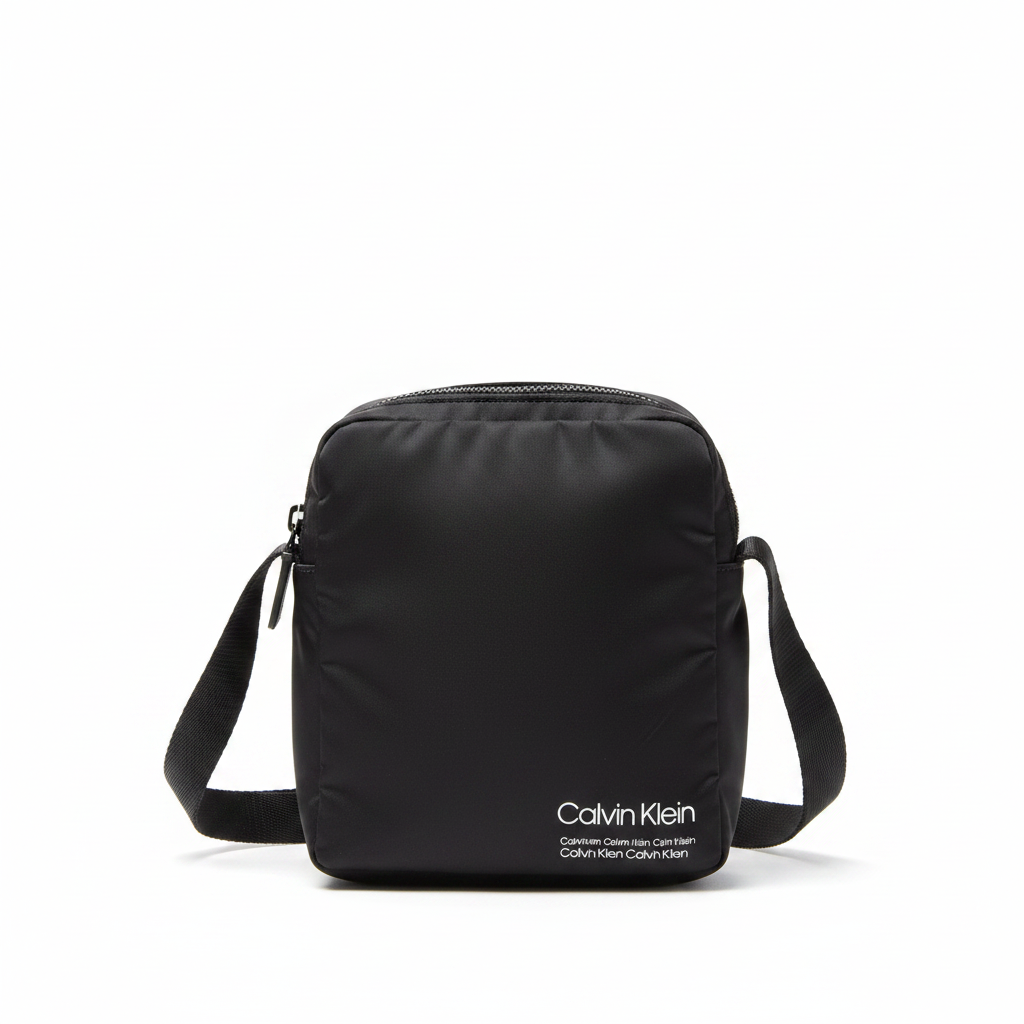 Calvin Klein black nylon mini crossbody bag ghost mannequin front view
